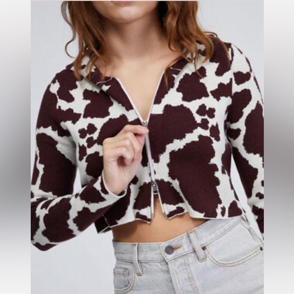 L.A. Hearts by PACSUN Brown and white cow print zip up hoodie